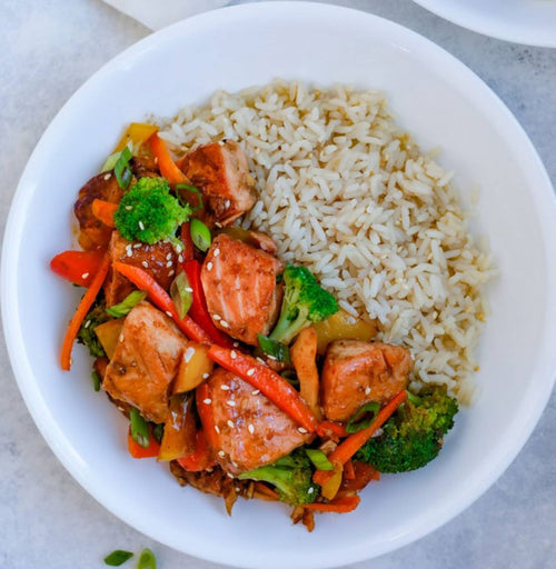 Salmon Teriyaki W/ Stir-Fried Vegetables & Sushi Rice